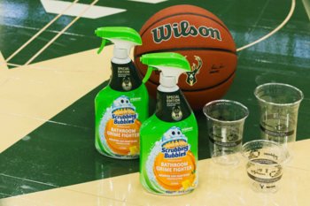 SC Johnson and Milwaukee Bucks™ release Scrubbing Bubbles® Bottle made from recycled plastic including plastic cups and clear bottles from Fiserv Forum and Deer District